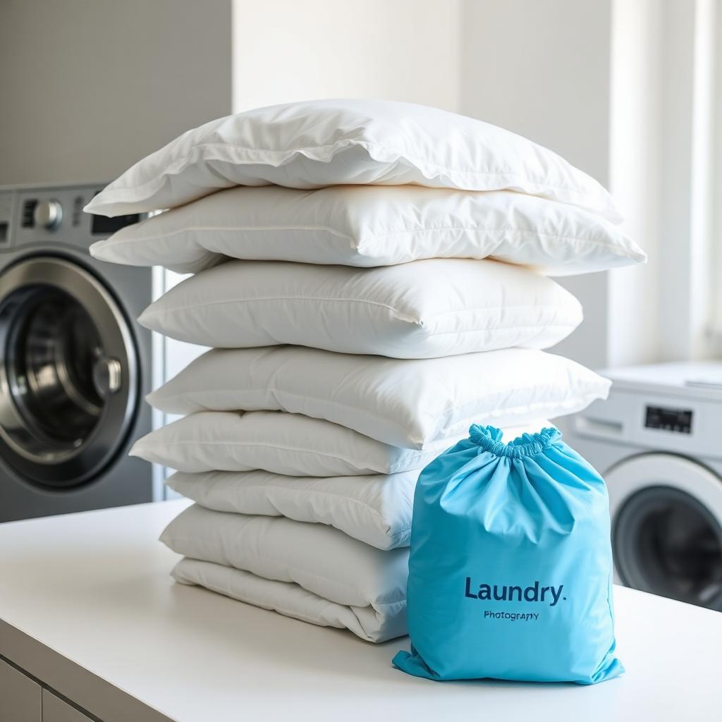 Freshly washed duvets and pillows stacked beside a blue CleanCloud laundry bag