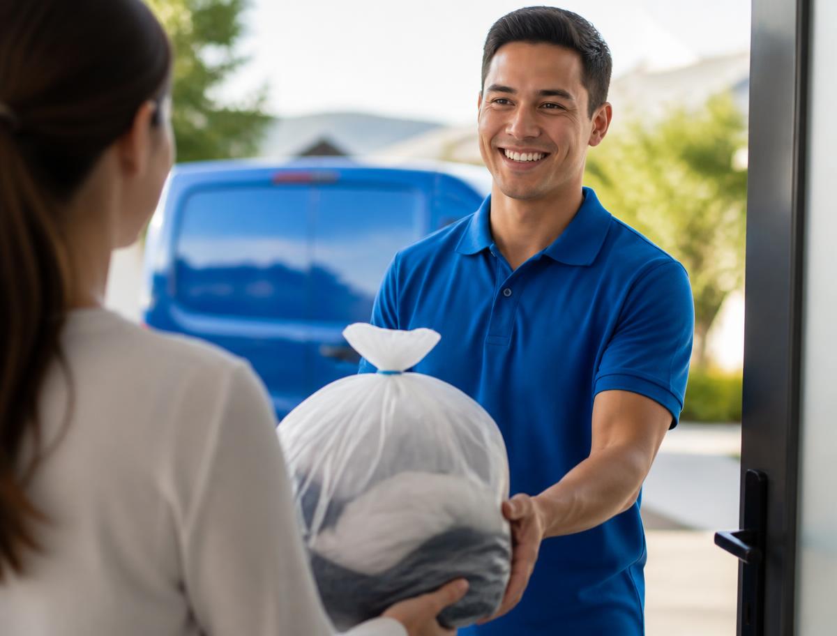 CleanCloud driver handing a sealed laundry bag to a customer at an Auckland doorstep