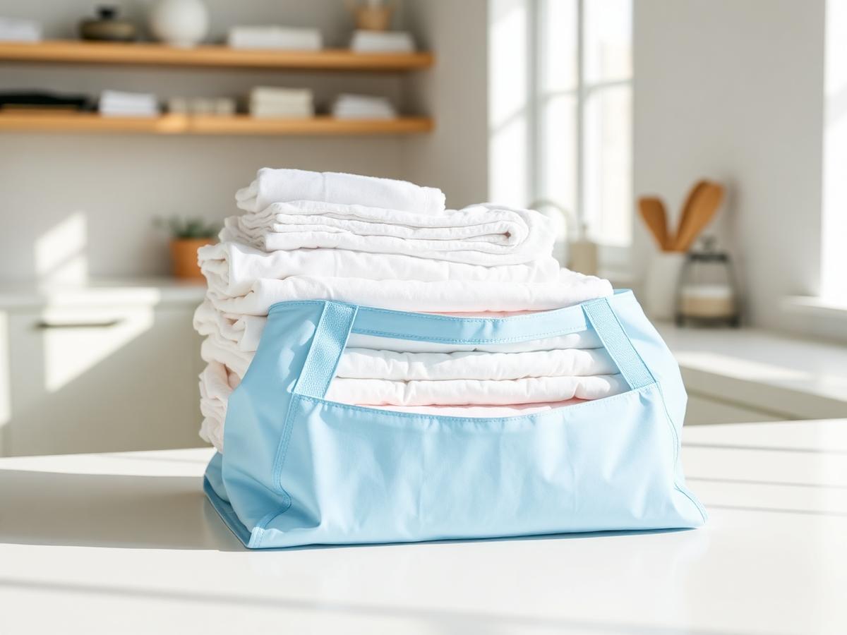 Freshly folded laundry stacked in a blue CleanCloud reusable delivery bag
